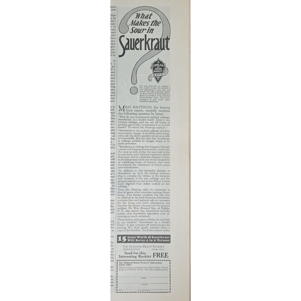 What Makes The Sour In Sauerkraut 1927 National Kraut Packers Association Ad